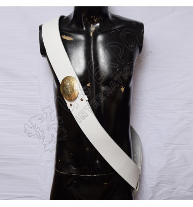 White cross belt with brass With NEMO . ME . IMPUNE . LACESSIT chest plate