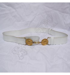 White sword belt with brass moon shape buckle with snake hook