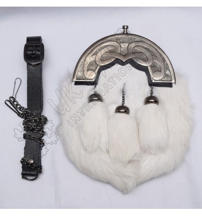 White Rabbit Fur Full Dress Sporrans Scottish Celtic Design Cantle Shiny Antique