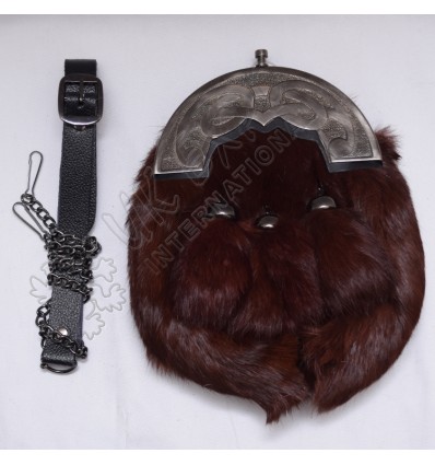 Brown Rabbit Fur Full Dress Sporrans Scottish Celtic Design Cantle Shiny Antique