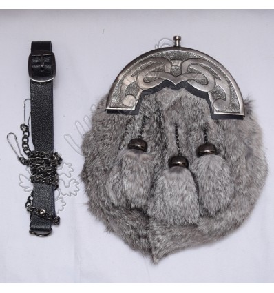 Gray Rabbit Fur Full Dress Sporrans Scottish Celtic Design Cantle Shiny Antique