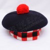 Navy Blue Balmoral Hat with Red, white and Green dicing and red pom pom