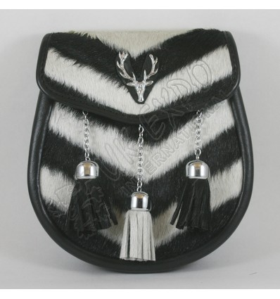 Black and White Goat Skin with Contras Tessels and Stage Metal Badge on Flap
