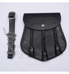Real Cow Hide Leather Sporran with Celtic Design Embossed on front Flap