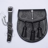 Scottish Double Embossed Black Leather Sporran with Three Tessles and chain Lock