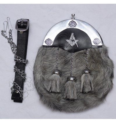 Color filled Cantle Seal Skin Gray Sporran with Masonic Badge on leather Backing