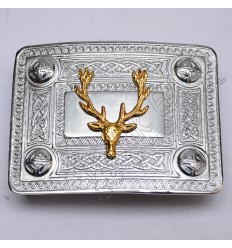 Scottish Celtic Design Chrome Buckle With Brass Stag Badge