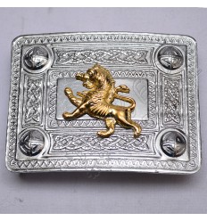 Scottish Celtic Design Chrome Buckle With Brass Rampart lion Badge