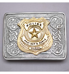 Scottish Celtic Design Chrome Buckle With Brass Police Protect & Serve Garda Badge