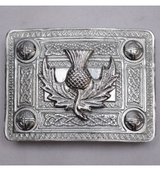Scottish Chrome Celtic Design Kilt Buckle With Thistle Badge