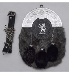 Full Dress Chrome Plated Cantle with Plain Cups Gray Multi Furr Lion Line Badge