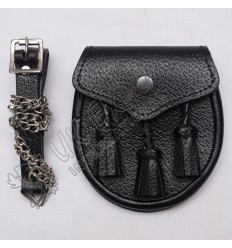 Youth Black Real Leather Sporran With Three hand Made Tessels