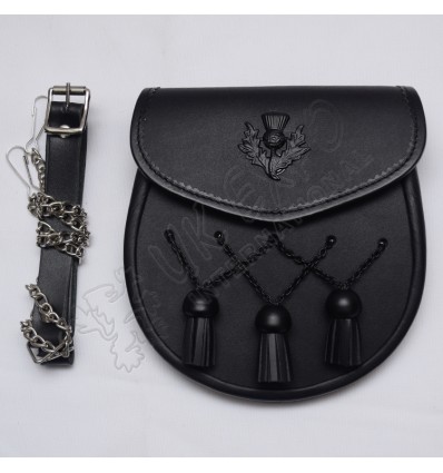 Scottish Black Leather Sporran With Black Color Thistle Badge