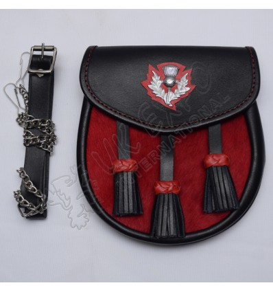 Scottish Black Leather and Artificial Red Furr Sporran With Thistle Badge on Flap