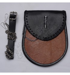 Scottish Black and Brown Leather Sporran With Chain Lock