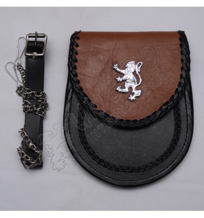 Scottish Black and Brown Leather Sporran With Rampart Lion Badge On Flap