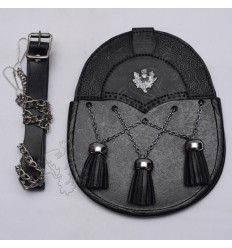 Scottish Black Leather Celtic Design Sporran With Thistle Badge
