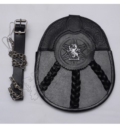 Scottish Black Leather Celtic Design Sporran With Rampart Lion Badge