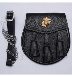Scottish Black Grain Leather Celtic Design Sporran With US Marine Badge
