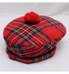 Modern Royal Stewart Tartan Military Bonnet Hat with Red Pom Pom