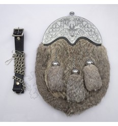 Full Dress Chrome Plated Stag Cantle Gray Rabbit Fur Sporran