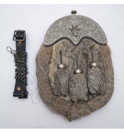 Full Dress Antique Stag Cantle Gray Rabbit Fur Sporran