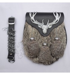 Chrome Plated Stag Semi Dress Multi Gray Fur With Black Leather Sporran