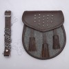 Gladiator Tartan Leather Sporran Brass Studs on Flap Brown leather with gray Fabric