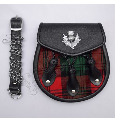 Black Leather Thistle Badge on Flap Three Leaves Clan Tartan Tartan Leather Sporran