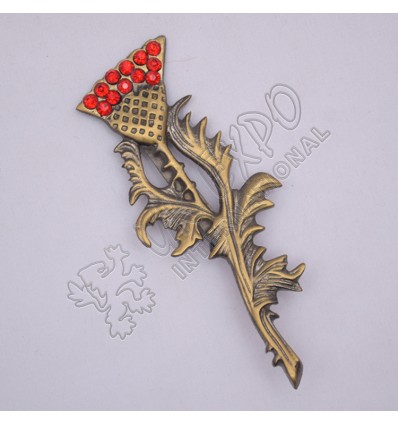 Scottish Flower With Leaf And Red Stone Brass Antique Kilt Pins