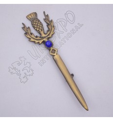 Thistle With Stone Brass Antique Kilt Pin