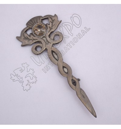 Thistle With Stone Shiny Antique Kilt Pin