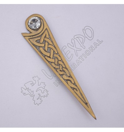 Celtic Design With White Stone Brass Antique Kilt Pin