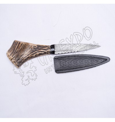 Damascus Steel Blade with Original Hostage Handle and Leather Embossed Cover Sgian Dubh