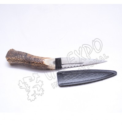 Stainless Steel Blade with Original Stag Curve Shape Handle and Leather Celtic Embossed Cover Sgain Dubh