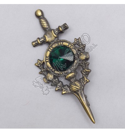 Thislte Sword With Green Stone Brass Antique Kilt Pin