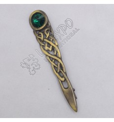 Celtic Knot With Green Stone Brass Antique Kilt Pin