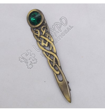 Celtic Knot With Green Stone Brass Antique Kilt Pin