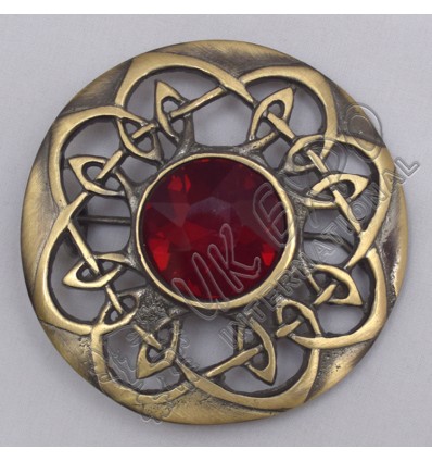 Scottish Celtic Brass Antique With Red Stone Brooch