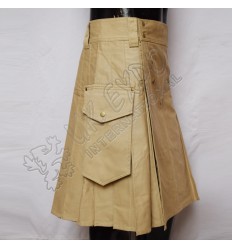 Men Khaki Utility Kilt With Around Attached pockets