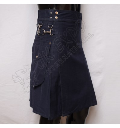 Navy Blue Utility Kilt Round Attached Pockets Utility Sports Casual Pocket Kilt