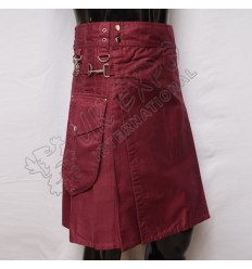 Maroon Utility Kilt Round Attached Pockets Utility Sports Casual Pocket Kilt
