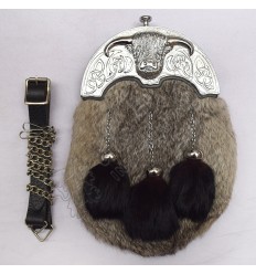 Full Dress Chrome Plated Coo Ox Cantle Gray Rabbit Fur Sporran