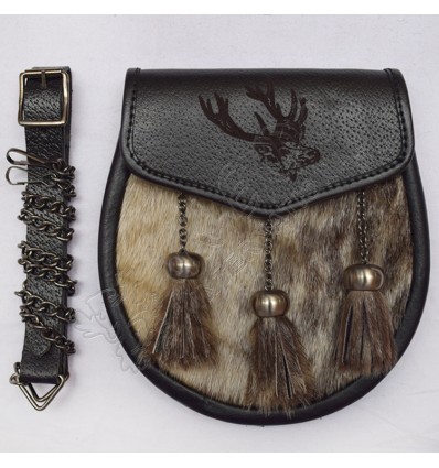 Semi Dress Stag Head Laser Etched With Brown Seal Skin Leather Sporran