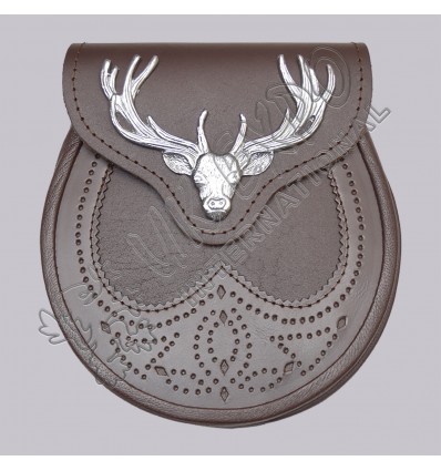 Semi Dress Stag Head and Thistle Laser Etched With Brown Seal Skin Leather Sporran