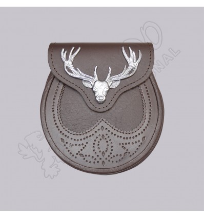 Semi Dress Stag Head and Thistle Laser Etched With Brown Seal Skin Leather Sporran