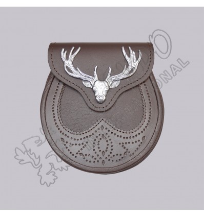 Semi Dress Stag Head and Thistle Laser Etched With Brown Seal Skin Leather Sporran