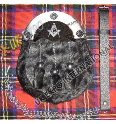 Color filled Cantle Seal Skin Black Sporran with Masonic Badge on leather Backing