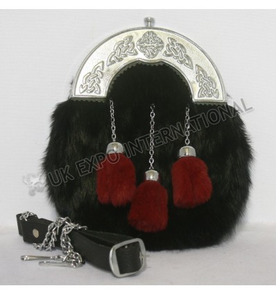 Black Color Rabbit furr sporrans with Red tessels Chrome Celtic Cantle