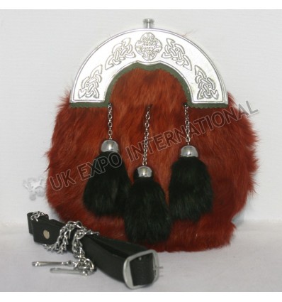 Red Color Rabbit furr sporrans with Black tessels Chrome Celtic Cantle